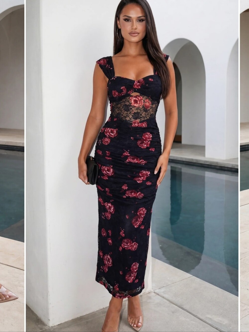 Cerelise Floral Lace Ruched Maxi /midi Dress - Bodycon